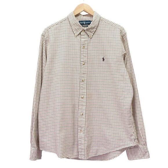Ralph Lauren Custom Fit Plaid Button Front Shirt Cream Red Purple Pony Size XL - Picture 2 of 11